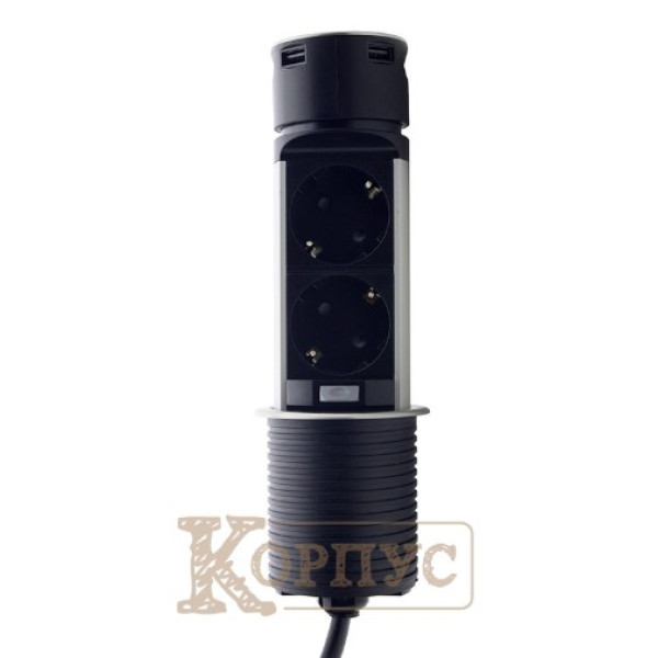 Меблева розетка вертикальна 2х16А 2хUSB 2.4А сріблястий металік EH-AR-306