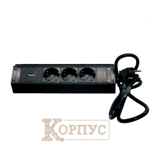 Мебельна розетка кухонна горизонтальна з кабелем 3x16А, USB A+C 3.4А чорна EH-AR-308