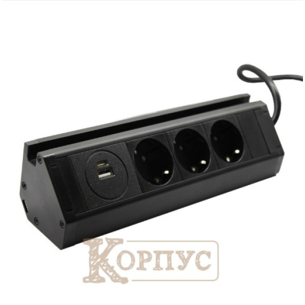 Мебельна розетка кухонна горизонтальна з кабелем 3x16А, USB A+C 3.4А чорна EH-AR-308