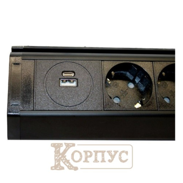 Мебельна розетка кухонна горизонтальна з кабелем 3x16А, USB A+C 3.4А чорна EH-AR-308