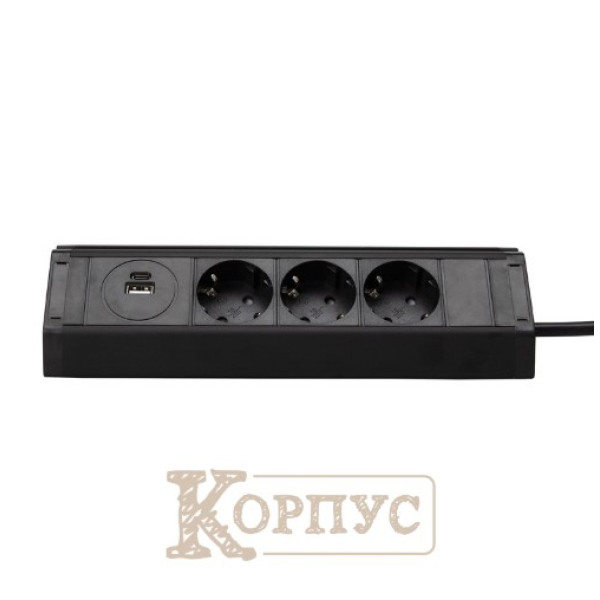 Мебельна розетка кухонна горизонтальна з кабелем 3x16А, USB A+C 3.4А чорна EH-AR-308