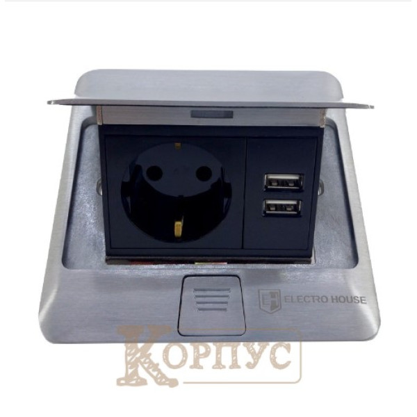 Розетка для підлоги врізна із заземленням +2USB алюміній EH-F008