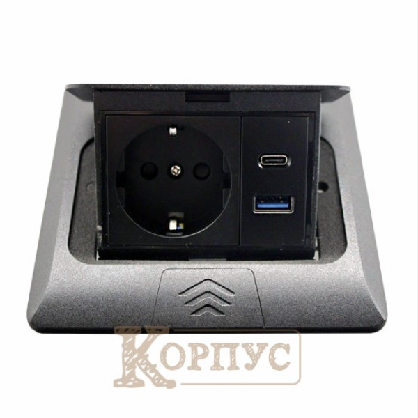 Розетка для підлоги врізна із заземленням +2USB (type C+A) чорна EH-F011