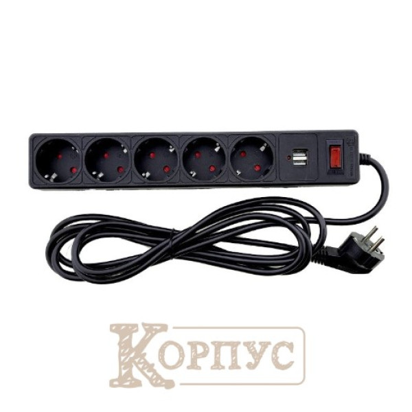 Мережевий фільтр 5 гнізд 2USB 3 м із заземленням EH-NFBU-5.3