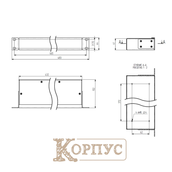 Корпус металевий 1U-100S в 19 стійку RACK